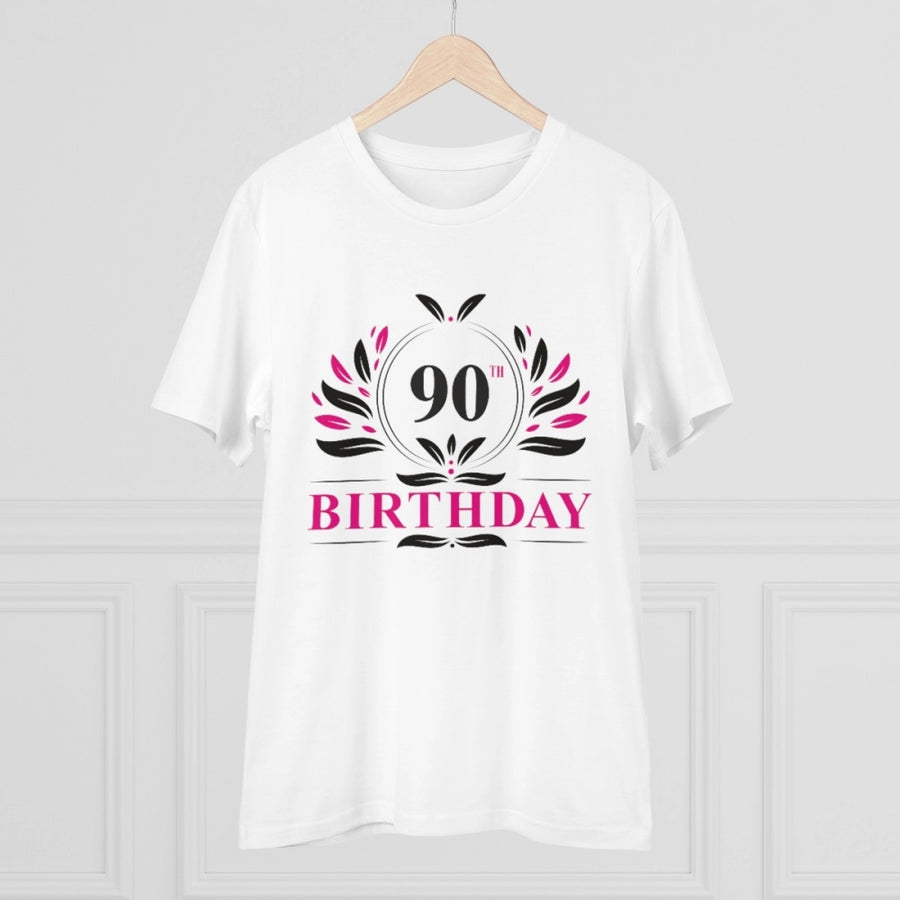 White PC Cotton Men's 90th Birthday Printed Half-Sleeve T-Shirt on display, round neck, 180GSM thread count