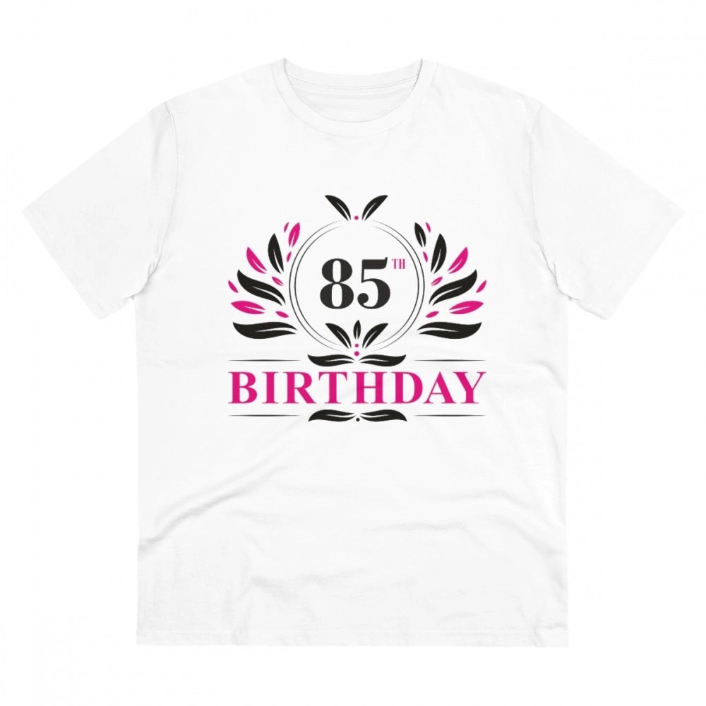 White PC cotton men's 85th birthday half sleeve t-shirt (180GSM), round neck design for casual occasions