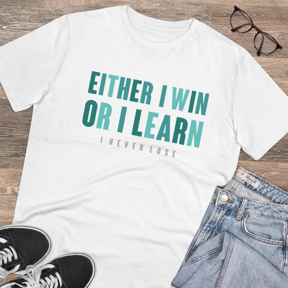 White PC Cotton Men's T-Shirt with "Either I Win Or I Learn" Printed, Half Sleeve, Round Neck, 180GSM Thread Count