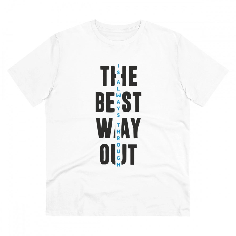 White PC Cotton "The Best Way Out" printed men's half-sleeve round neck T-shirt (180GSM) for casual wear