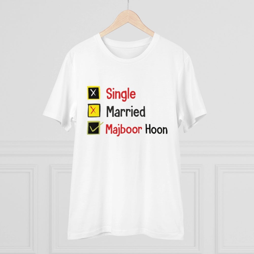 White PC Cotton Single Married Majbur Printed Men's T-Shirt (180GSM), half sleeve, round neck for casual occasions