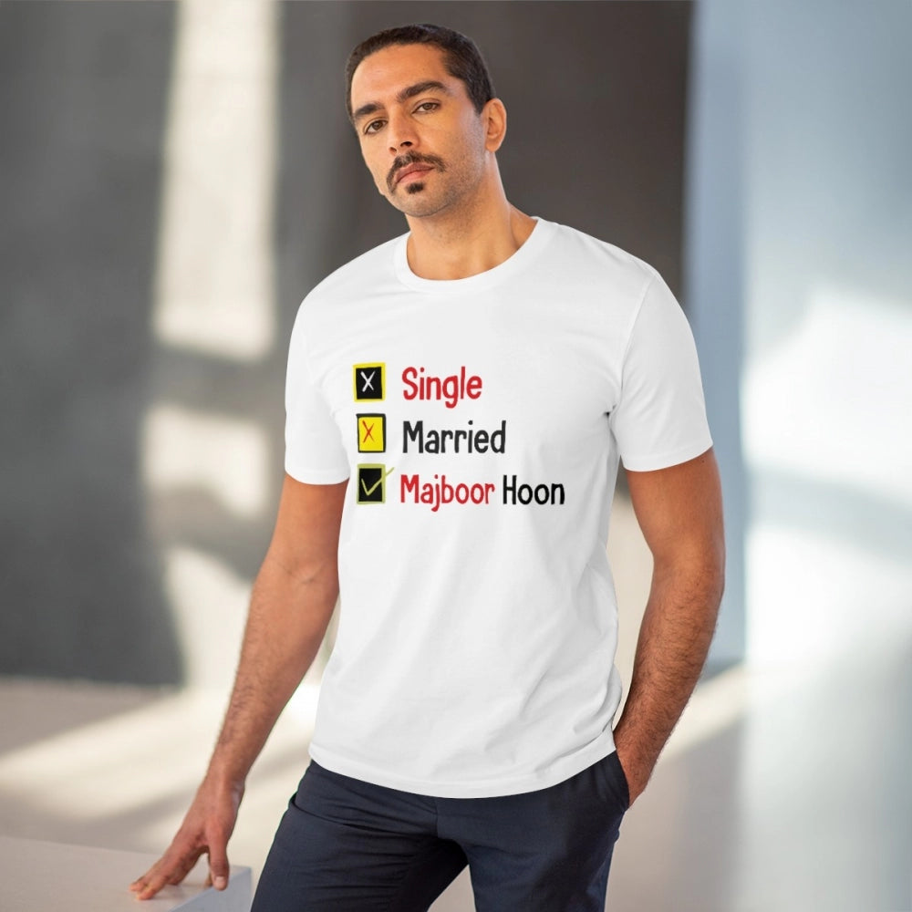 White PC Cotton Single Married Majbur Printed Men's T-Shirt (Half Sleeve, 180GSM)