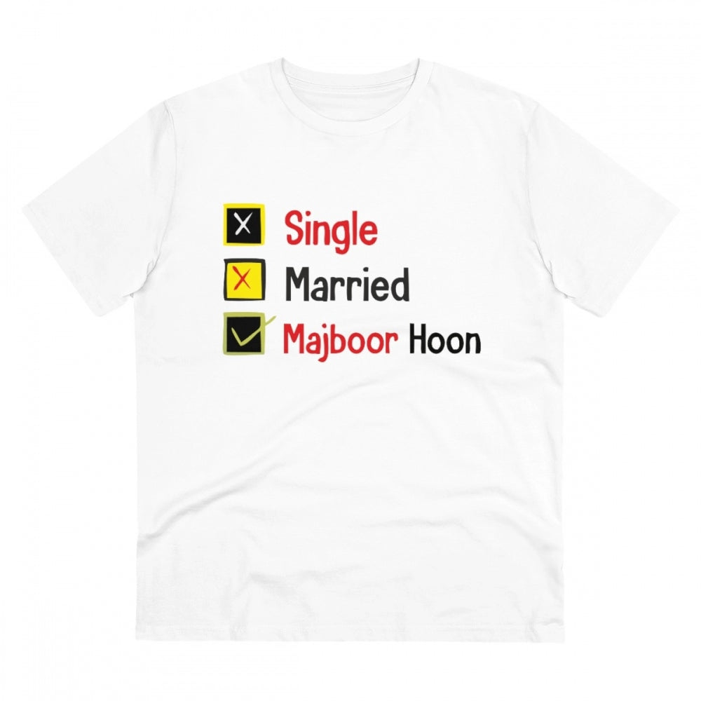 White PC Cotton Single Married Majbur Printed Men's T-Shirt (180GSM), half sleeve round neck for casual occasions