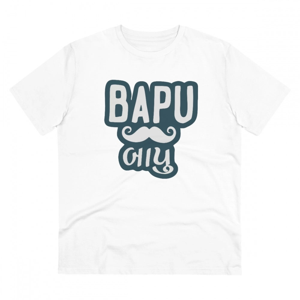 White PC Cotton Baapu Printed Men's T-Shirt (180GSM), casual wear with half sleeve and round neck design