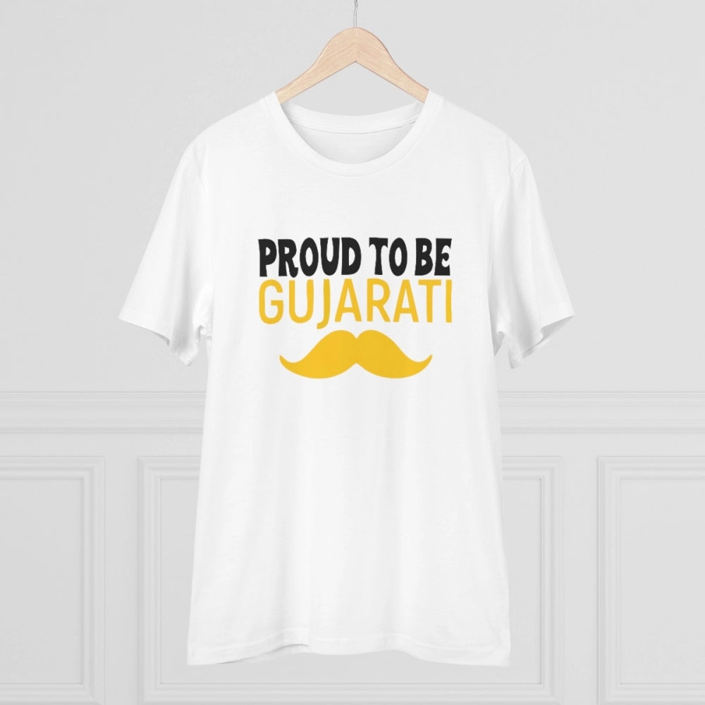 White PC Cotton Proud To Be Gujarati printed men's T-shirt with half sleeves, round neck on display