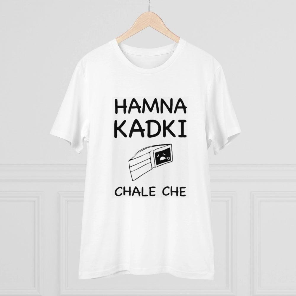 White PC Cotton Men's Hamna Kadki Chale Che Printed Half Sleeve T-Shirt (180GSM), casual wear with vibrant print