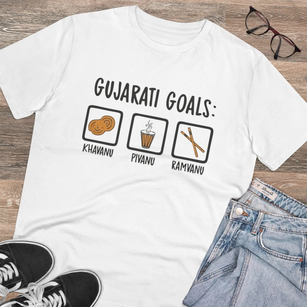 White PC Cotton Gujarati Goals printed men's t-shirt (half sleeve, round neck), casual wear for sports occasions