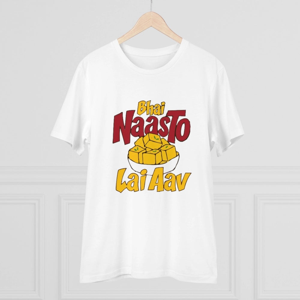 White PC Cotton Men's Bhai Nasto Lai Aav Half Sleeve T-Shirt (180GSM), casual wear on model