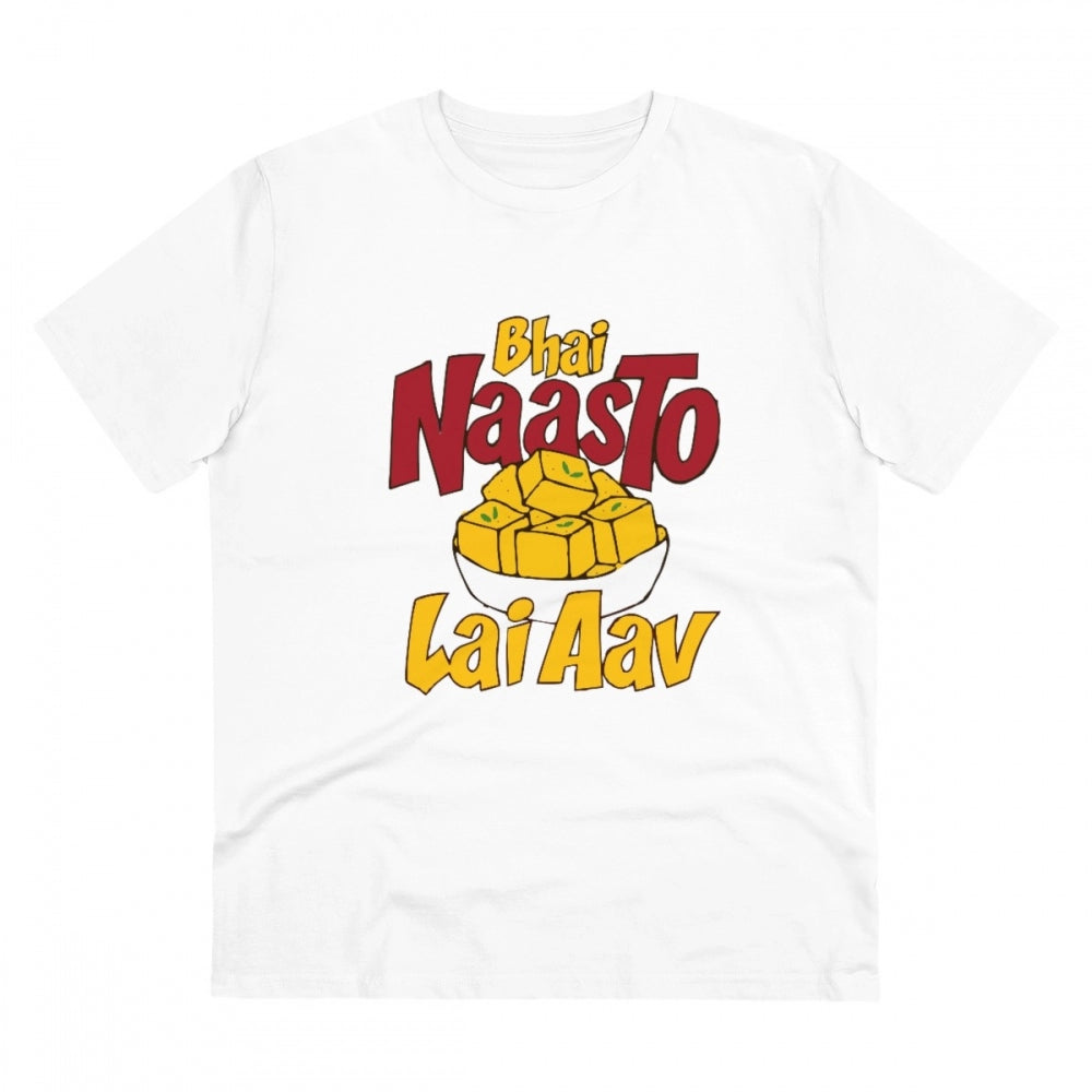 White PC Cotton Men's Bhai Nasto Lai Aav Printed Half Sleeve T-Shirt (180GSM), casual occasion wear