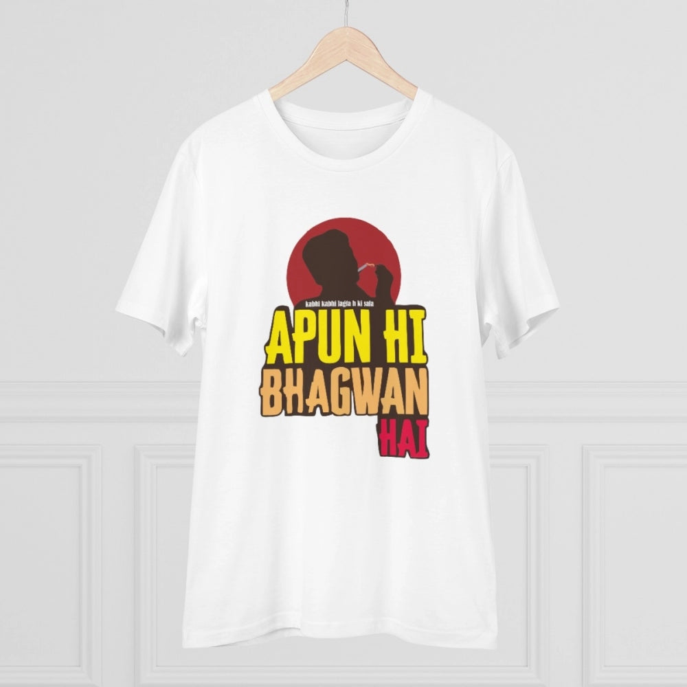 White PC Cotton Men's Apun Hi Bhagvan Hai Printed Half Sleeve T-Shirt (180GSM), casual occasion
