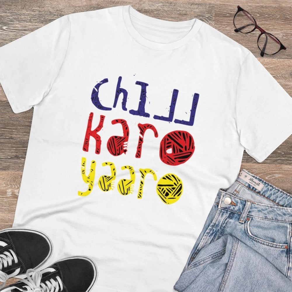 White PC Cotton Men's Chil Karo Yaar Printed T-Shirt (180GSM), half sleeve round neck casual wear