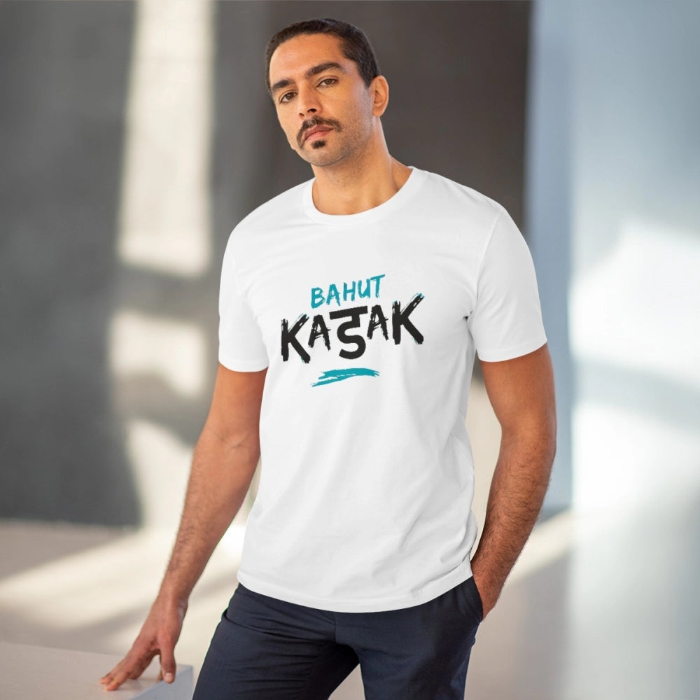 White PC Cotton Bahot Kadak Printed Men's Half Sleeve T-Shirt (180GSM), casual wear on model