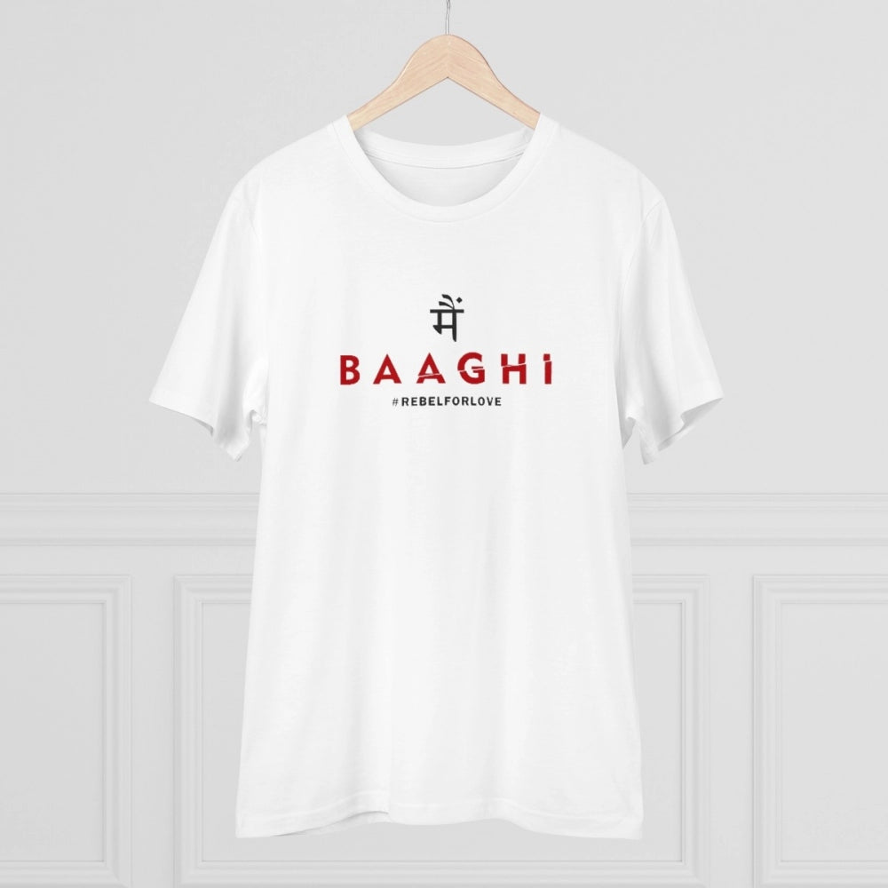 White PC Cotton Me Bhaghi Printed Men's Half Sleeve T-Shirt (180GSM), casual occasion on display