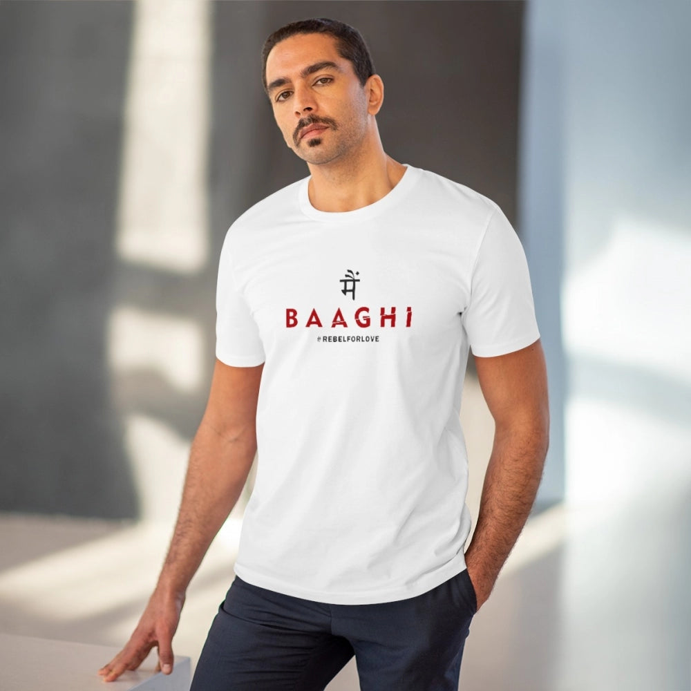 White PC Cotton Men's Me Bhaghi Printed Half Sleeve T-Shirt (180GSM), casual wear