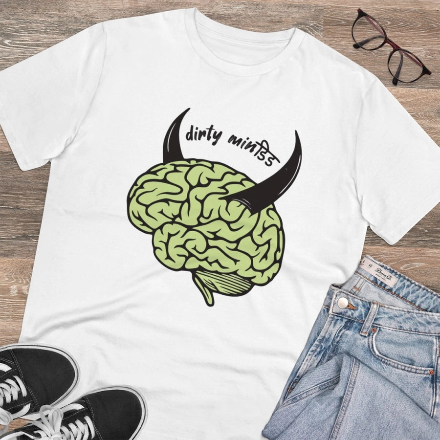 White PC Cotton Dirty Minddid Printed Men's T-Shirt (180GSM), half sleeve round neck for casual occasions