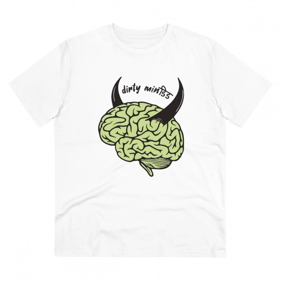 White PC Cotton Dirty Minddid Printed Men's T-Shirt (Half Sleeve, Round Neck) on display