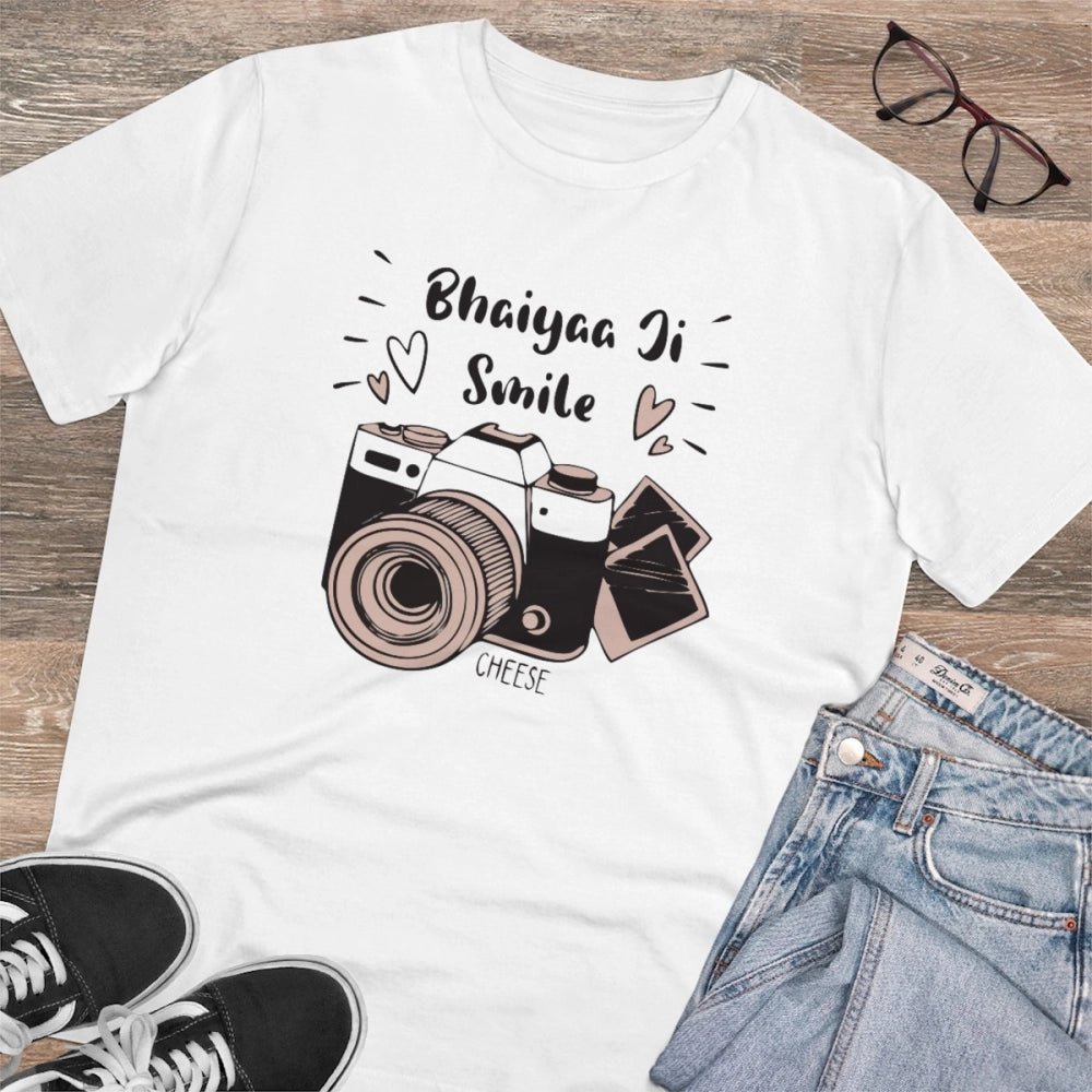 White PC Cotton Bhaiya Ji Smile Printed Men's T-Shirt (180GSM), half sleeve, round neck, casual occasion