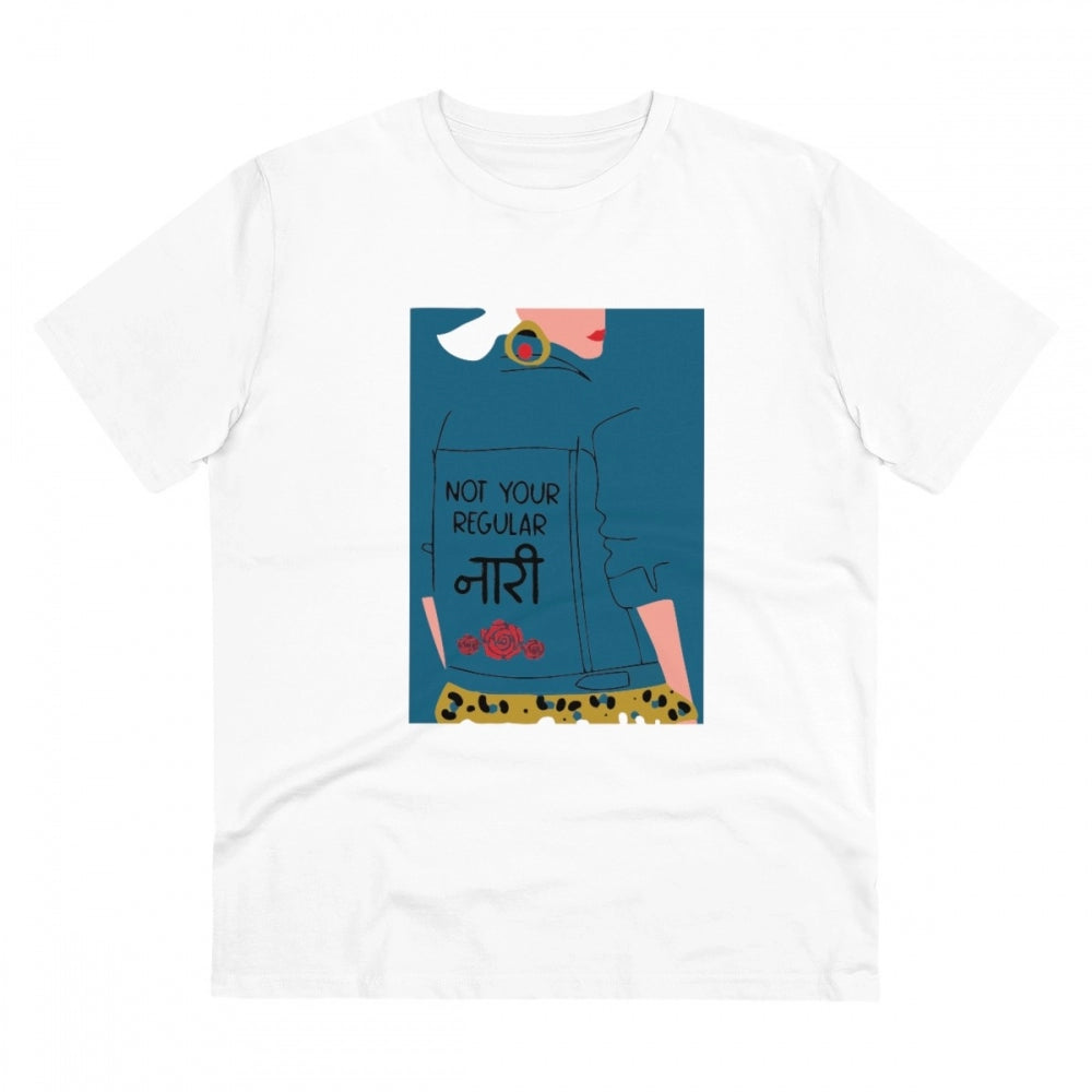 White PC Cotton Men's Naari Printed Half Sleeve T-Shirt (180GSM), casual wear on mannequin