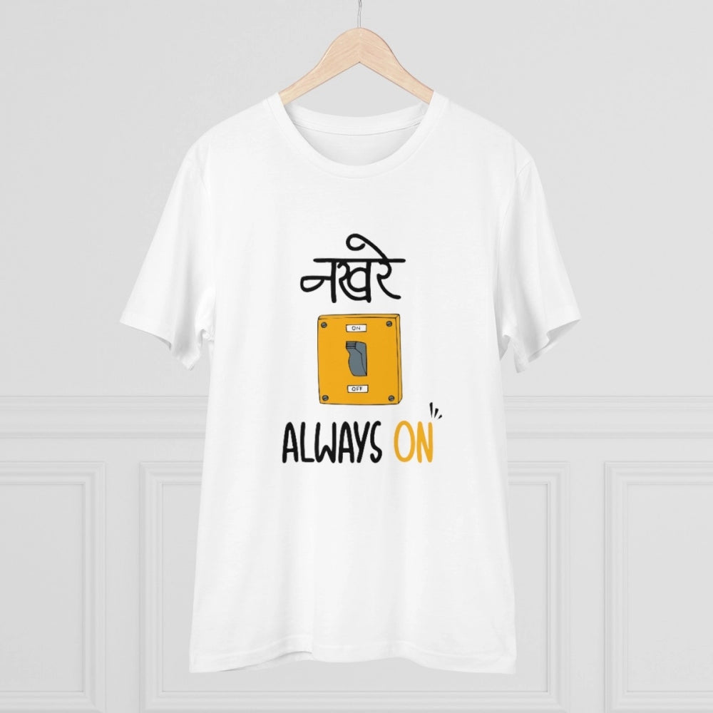 White PC Cotton Men's Nakhre Always On Printed Half-Sleeve T-Shirt (180GSM), casual wear on model