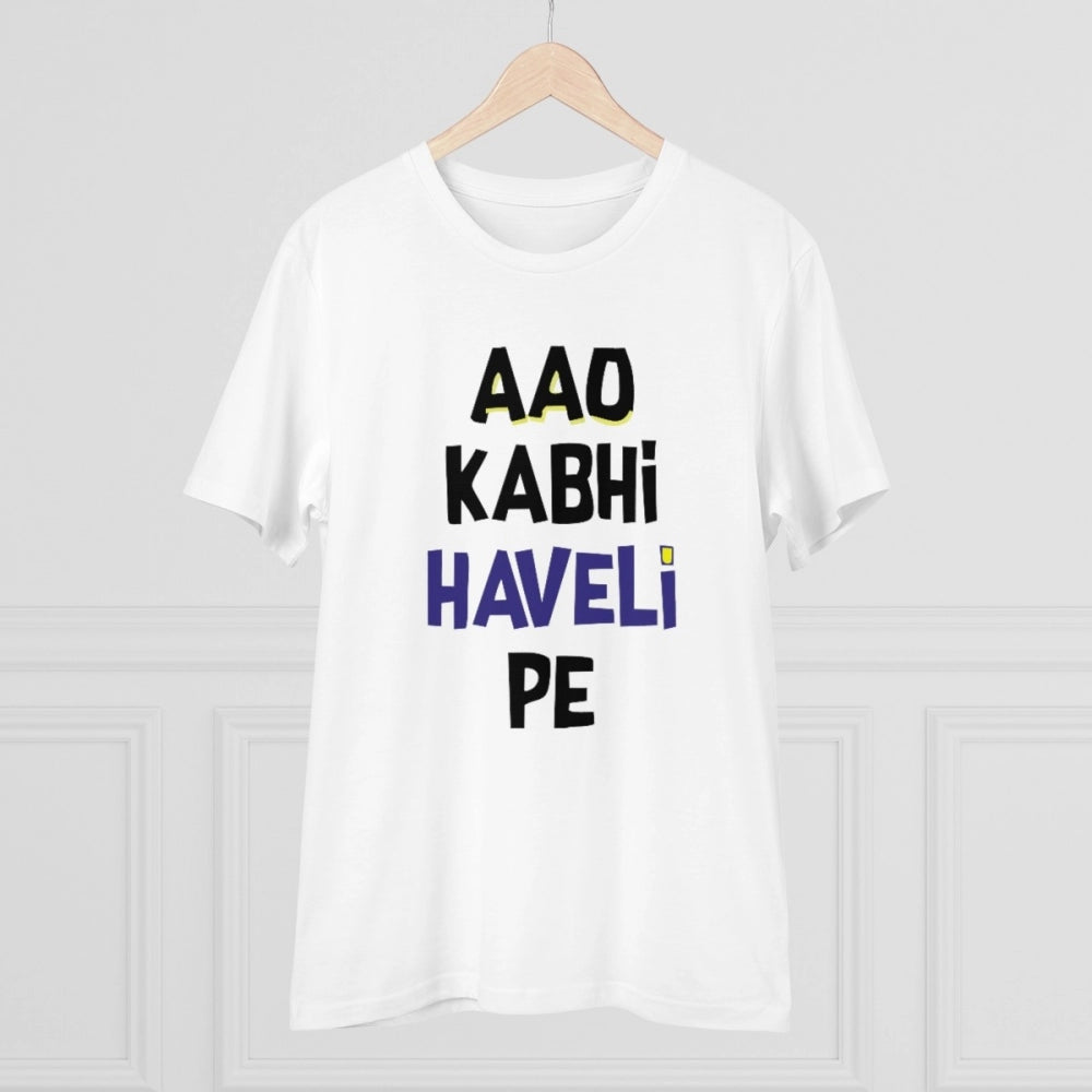 Men's white PC Cotton Aao Kabhi Haveli Pe printed half sleeve T-shirt (180GSM), casual wear on mannequin