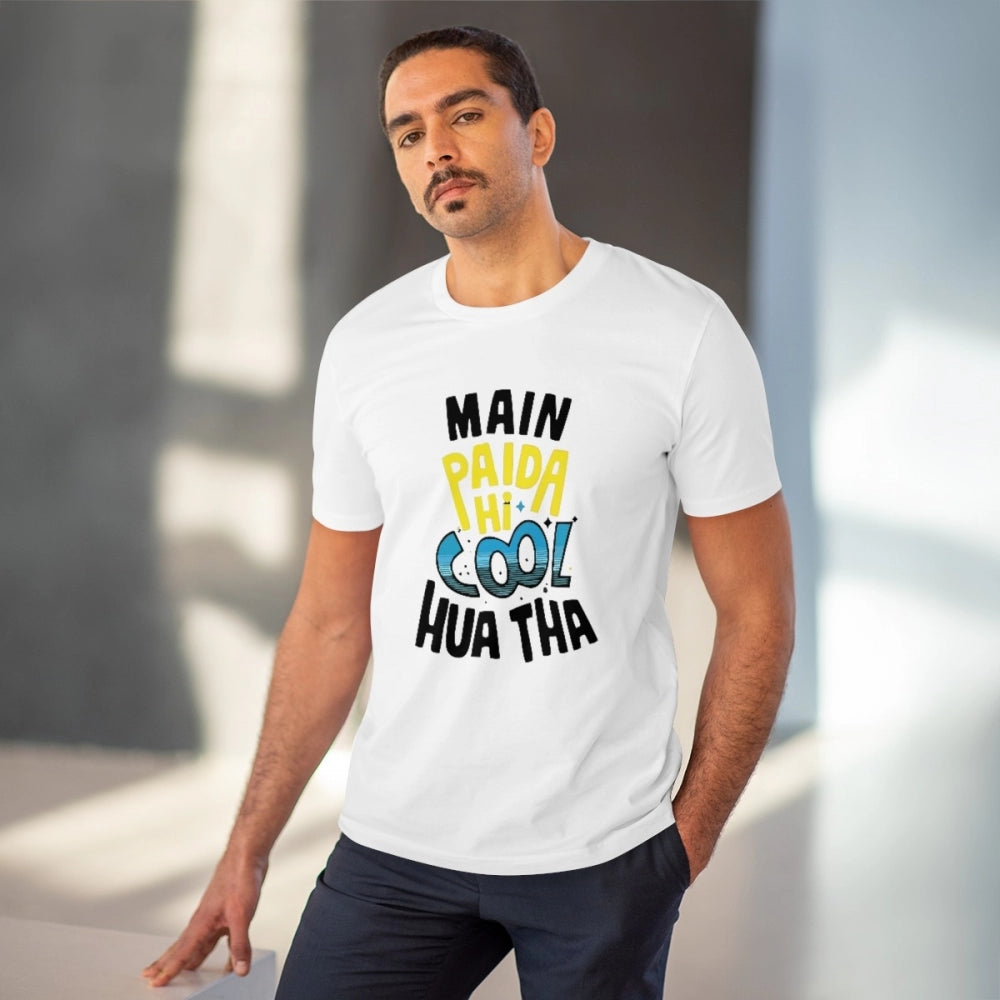 White PC Cotton Men's Paida Hi Cool Huaa Tha Printed T-Shirt (180GSM), half sleeve, round neck