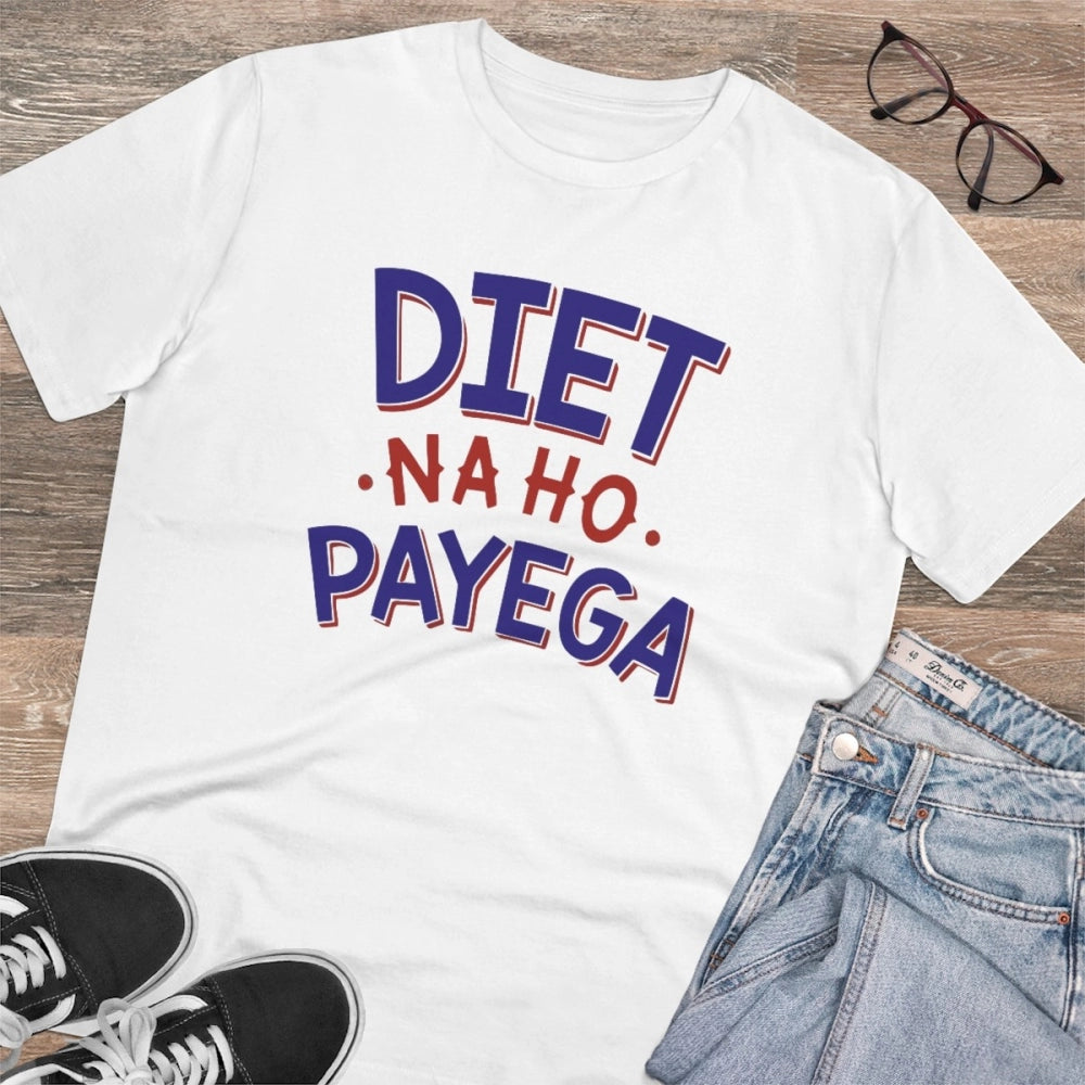 White PC Cotton Diet Na Ho Payega printed men's T-shirt (180GSM), casual wear with half sleeves and round neck