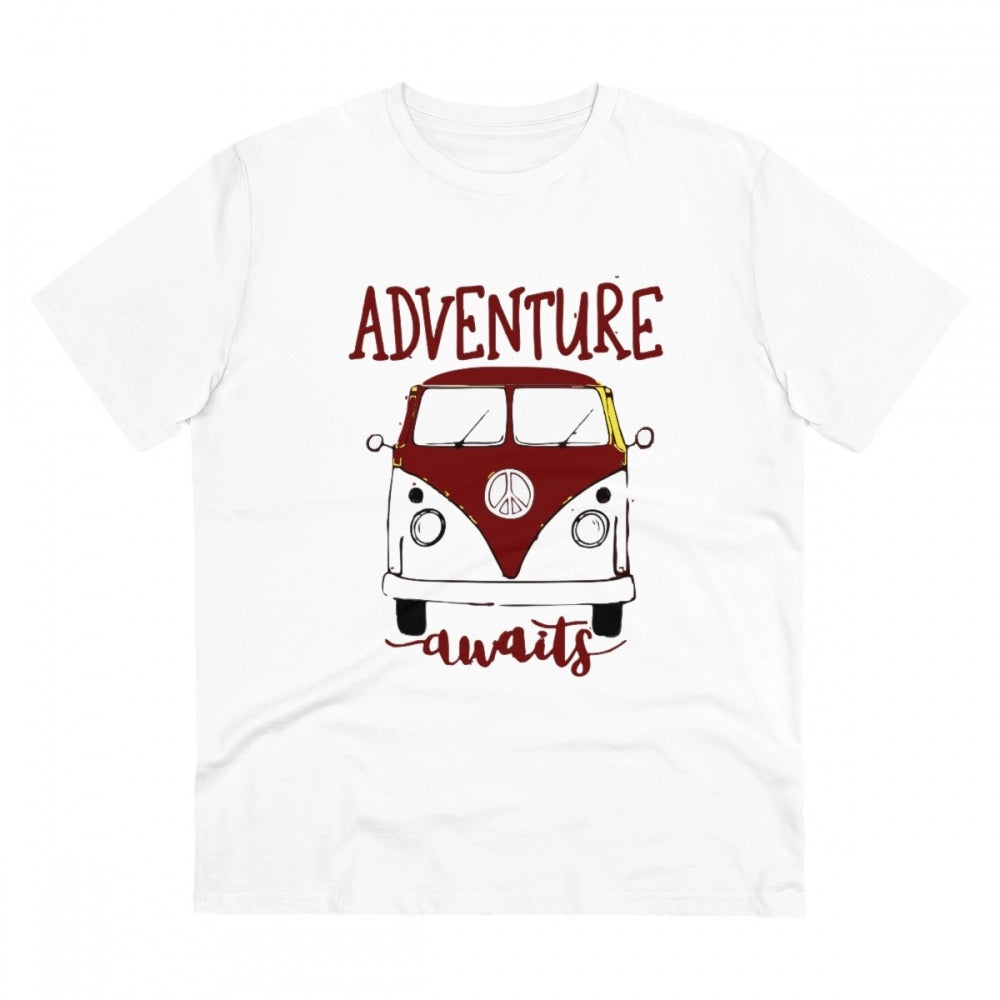 White PC Cotton Explore The Unseen printed men's t-shirt (180GSM), casual occasion wear with half sleeves and round neck