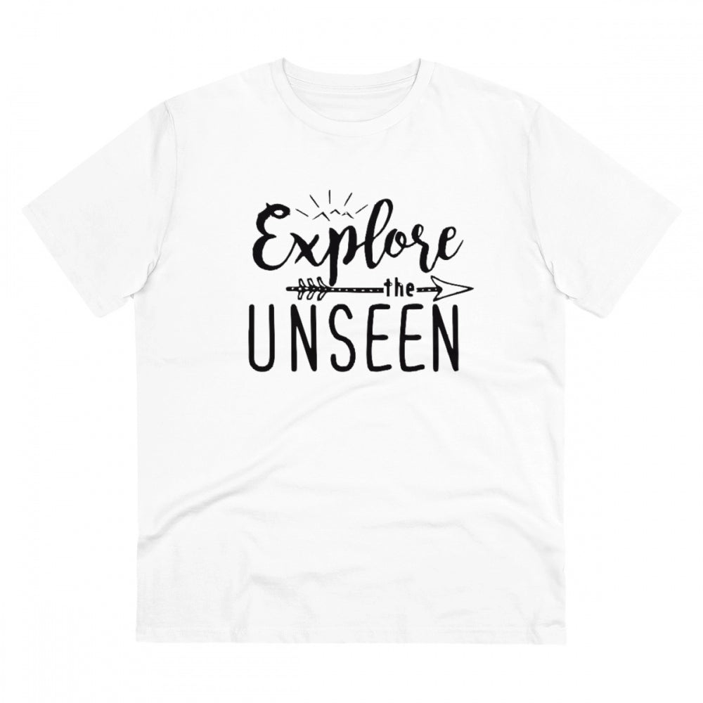 White PC Cotton Explore The Unseen printed men's t-shirt (180GSM), casual wear on a hanger