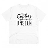 White PC Cotton Explore The Unseen printed men's t-shirt (180GSM), casual wear on a hanger