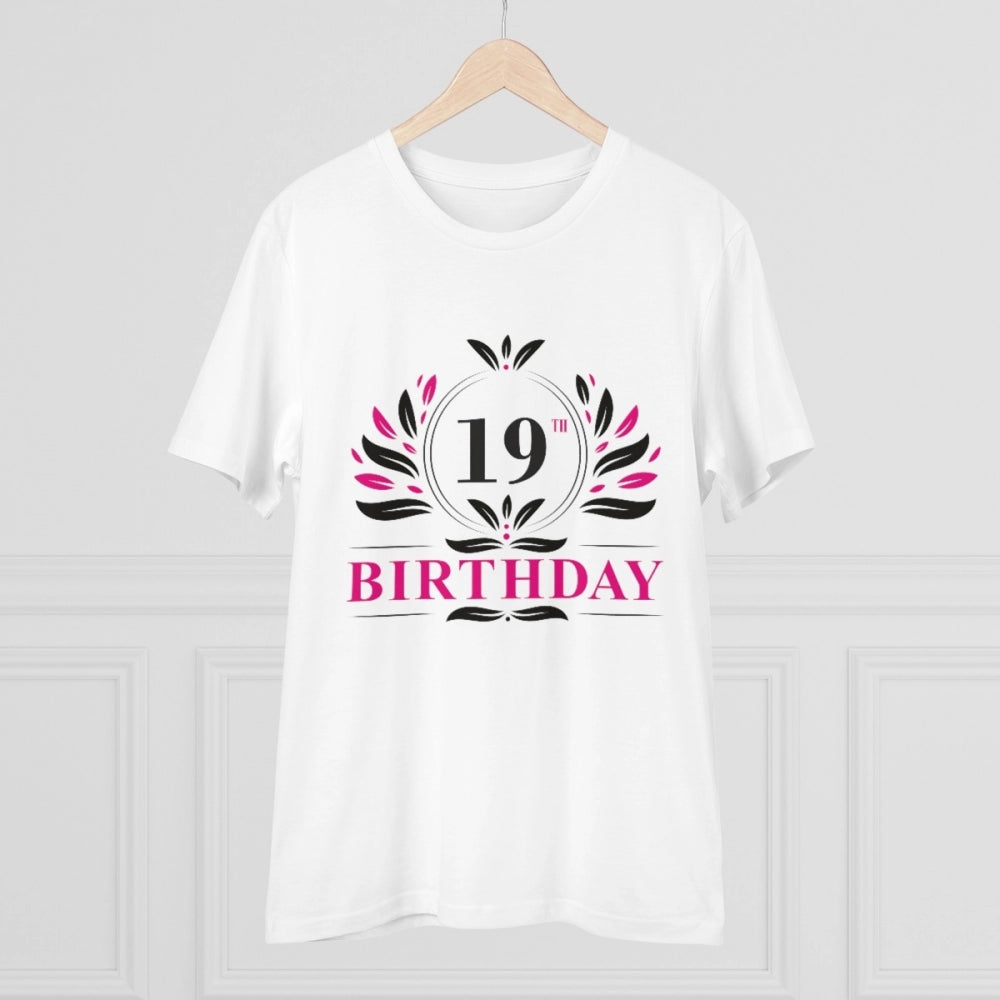White PC Cotton 19th Birthday Printed T-Shirt (180GSM), half sleeve round neck for men's casual occasion