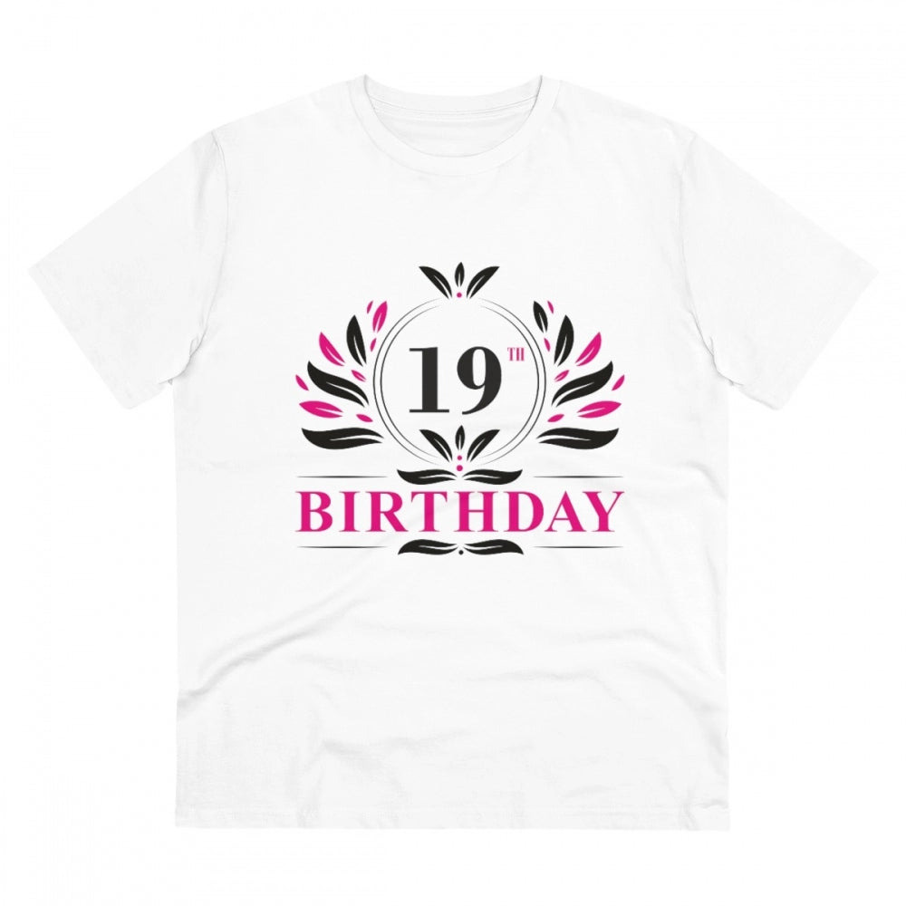 White PC Cotton Men's 19th Birthday Printed Half-Sleeve T-Shirt (180GSM), round neck, casual occasion