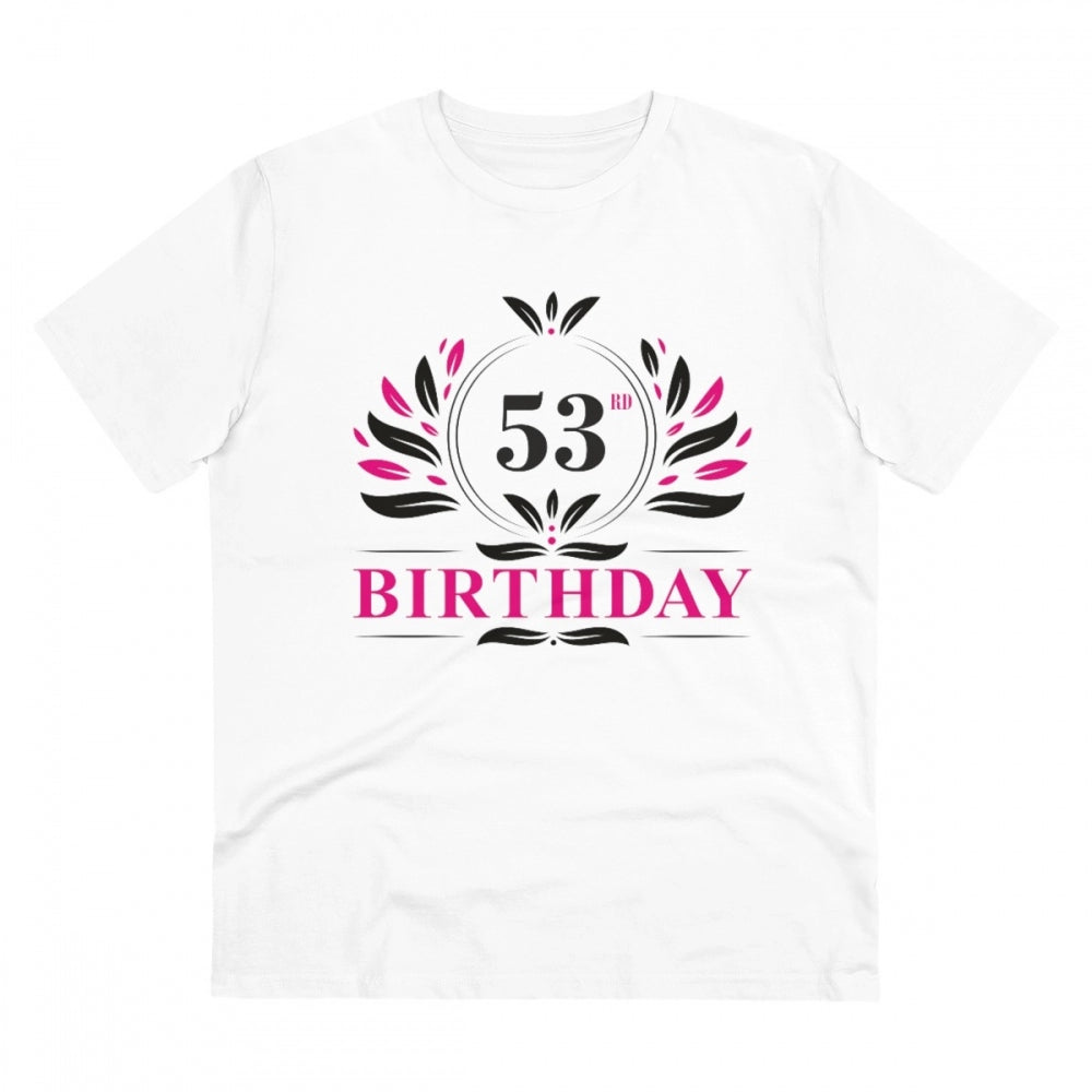 White PC Cotton Men's 53rd Birthday Printed Half Sleeve T-Shirt (180GSM) - Casual occasion apparel on model