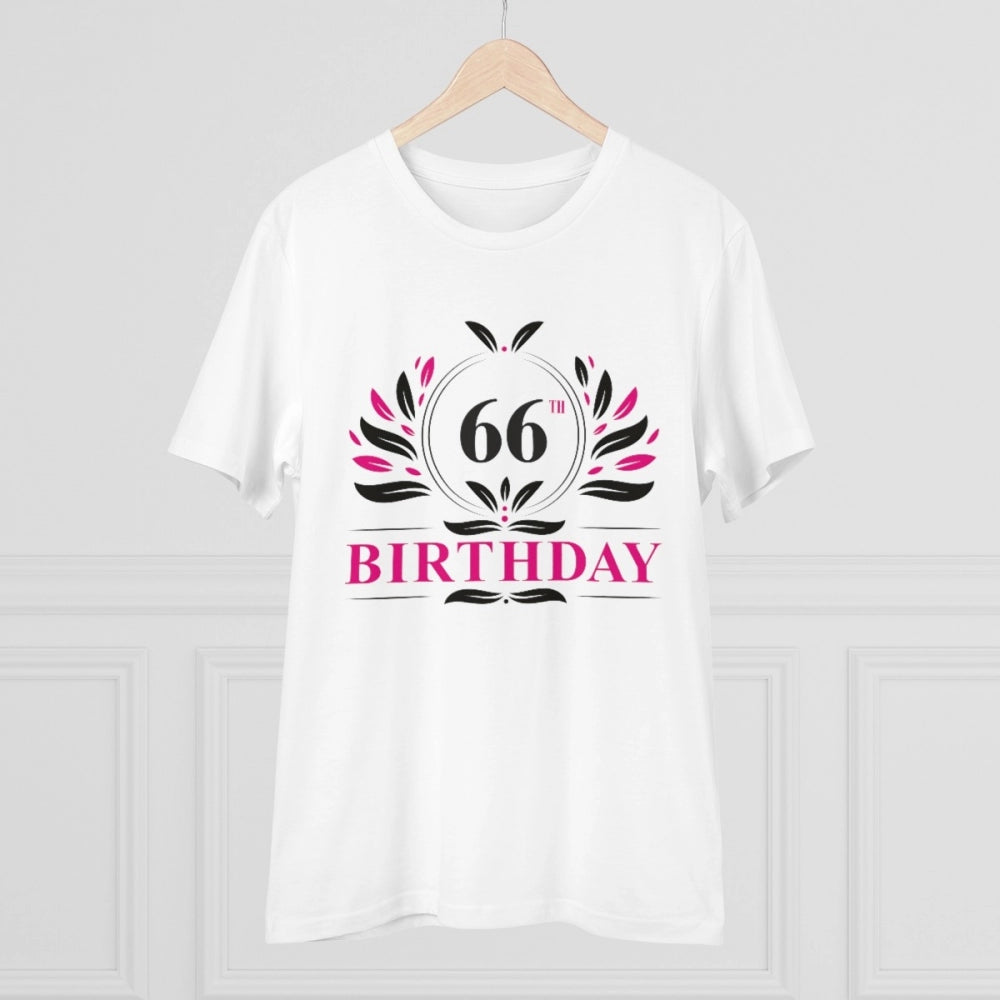 White PC Cotton men's 66th birthday printed half-sleeve t-shirt with round neck, casual occasion