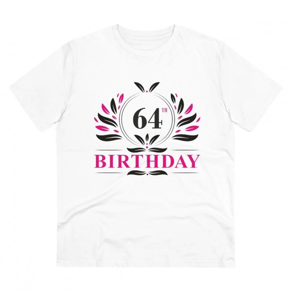 White PC Cotton Men's 64th Birthday Printed Half-Sleeve T-Shirt with Round Neck, casual wear