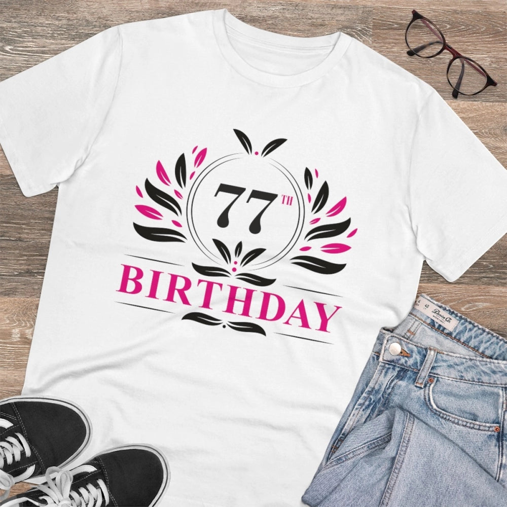 White PC Cotton Men's 77th Birthday T-Shirt (Half Sleeve, Round Neck) - Casual Occasion