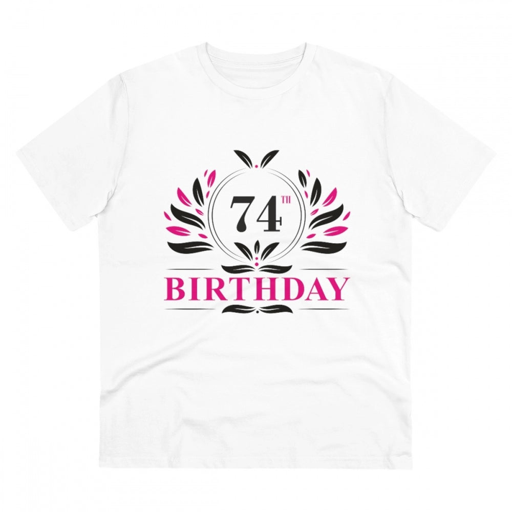 White PC Cotton 74th Birthday Printed T-Shirt (Half Sleeve, Round Neck), Men's casual wear on mannequin
