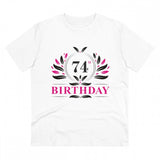 White PC Cotton men's 74th birthday half sleeve round neck T-shirt with printed design, suitable for casual occasions