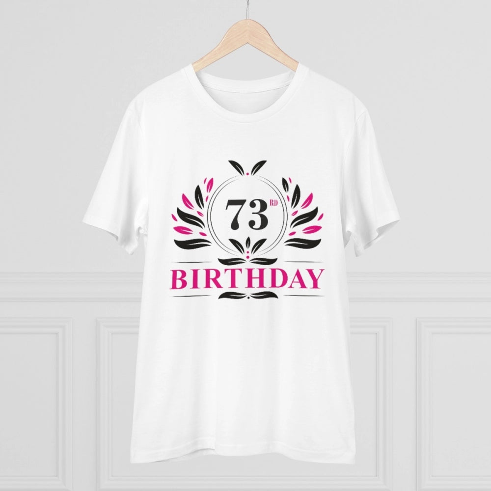 Men's white PC cotton 73rd birthday printed half-sleeve round neck T-shirt, 180GSM thread count for casual occasions