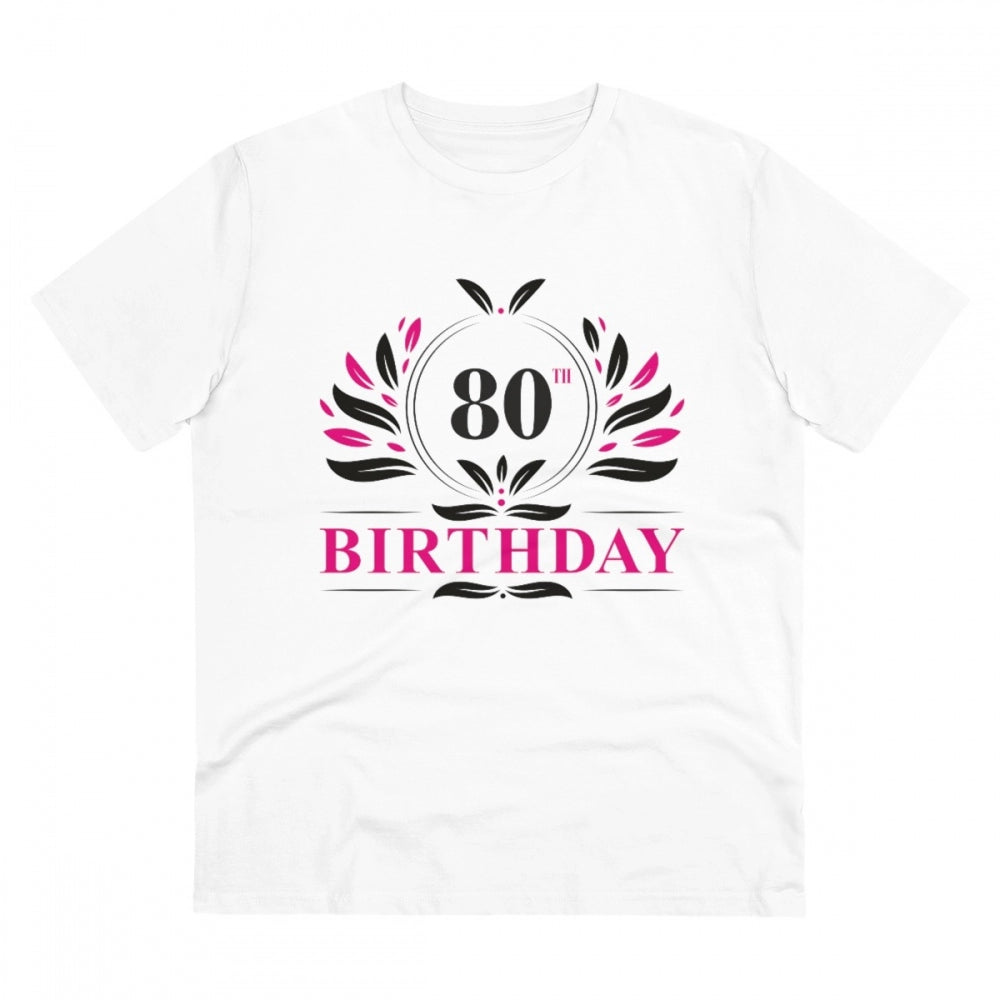 White PC Cotton 80th Birthday T-Shirt (Half Sleeve, Round Neck), high-quality printed design for men's casual occasion