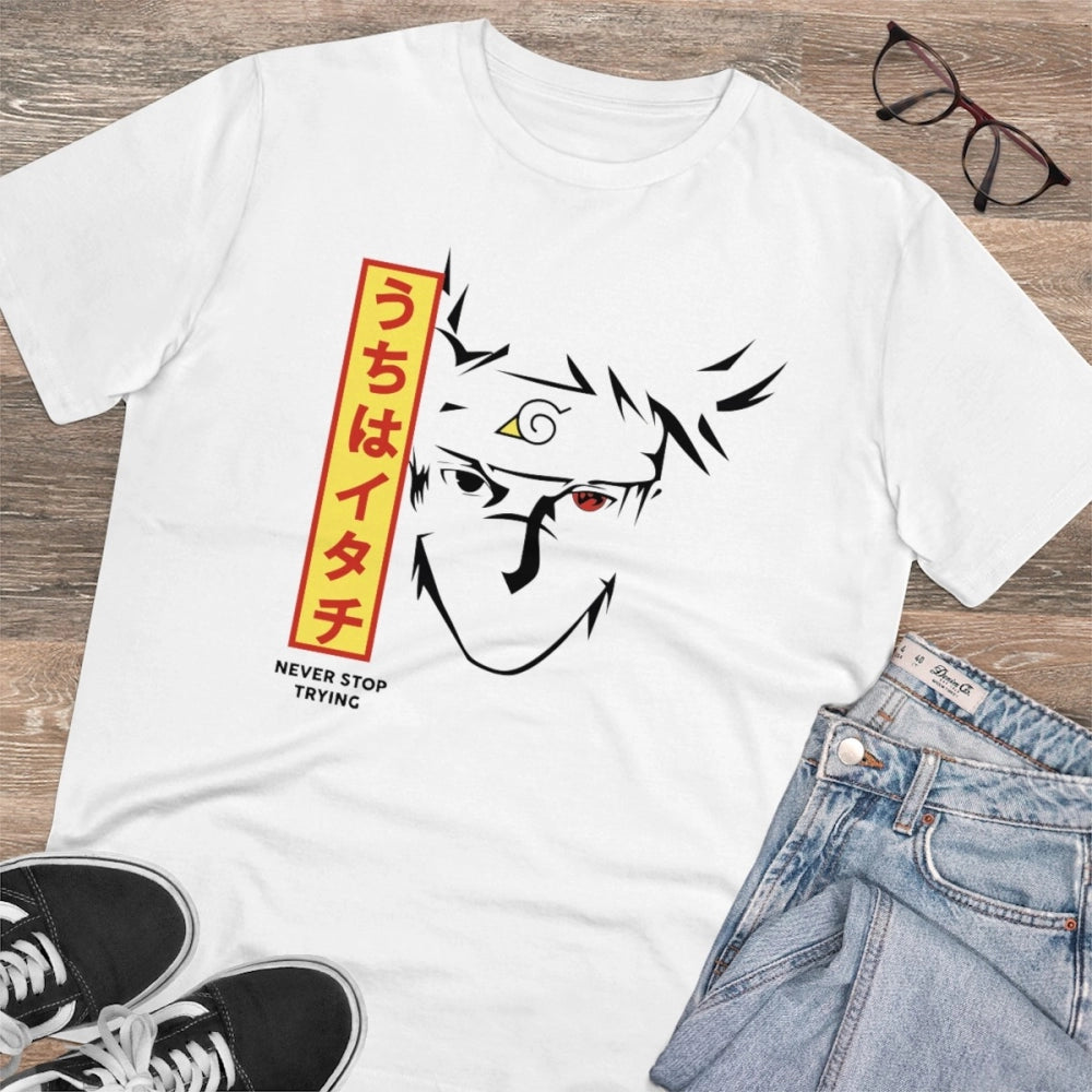 White PC Cotton Kunffo Printed Men's Half Sleeve T-Shirt (180GSM), casual wear on model