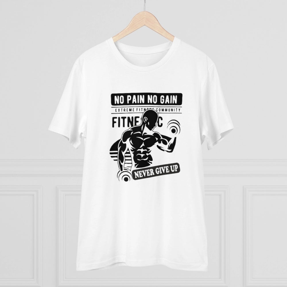 Men's white PC cotton gym "No Pain No Gain Never Give Up" printed half-sleeve T-shirt (180GSM), casual wear for men
