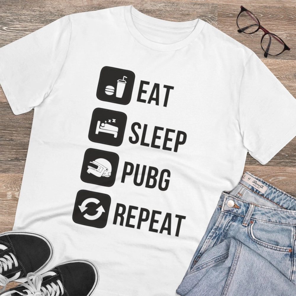 White PC Cotton Men's T-Shirt with Eat Sleep Pubg Repeat Print, 180GSM