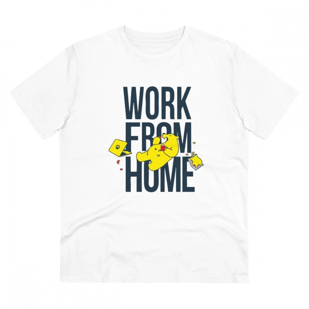 White PC Cotton Work From Home T-Shirt (Half Sleeve, Round Neck), casual men's apparel with design print