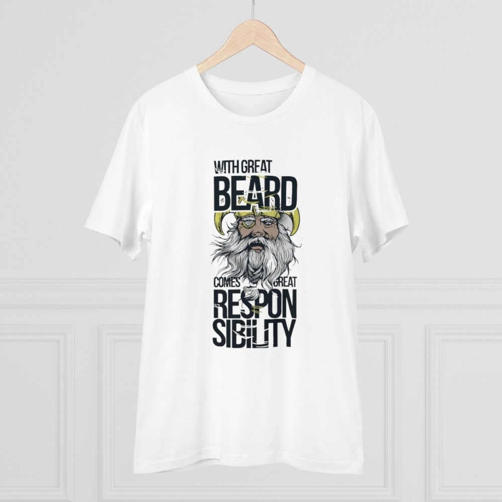 White PC Cotton T-shirt with 'With Great Beard Comes' print for men, half sleeve, round neck