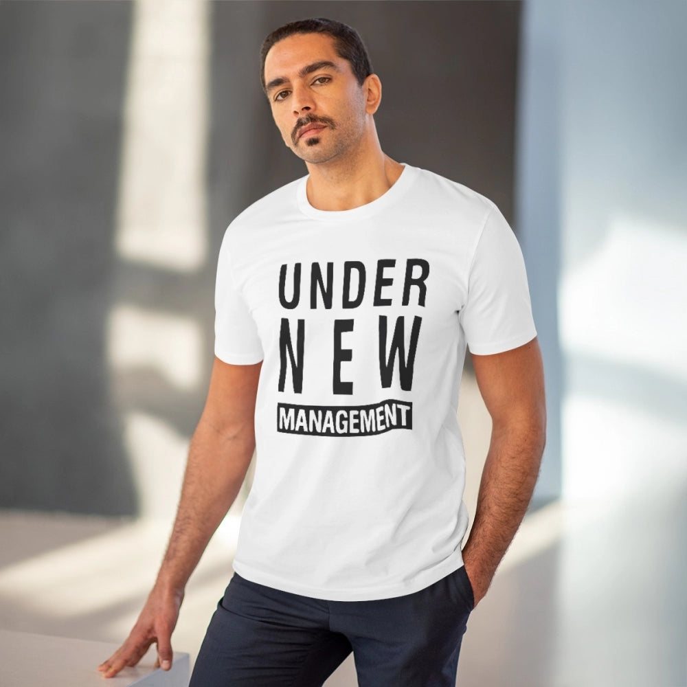 White PC cotton 'Under New Management' design printed men's T-shirt with half sleeves and round neck, 180GSM thread count