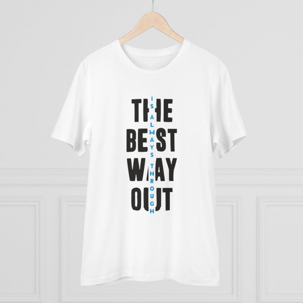 White PC Cotton "The Best Way Out" printed men's half sleeve t-shirt (180GSM) on clothing rack, casual wear for everyday style