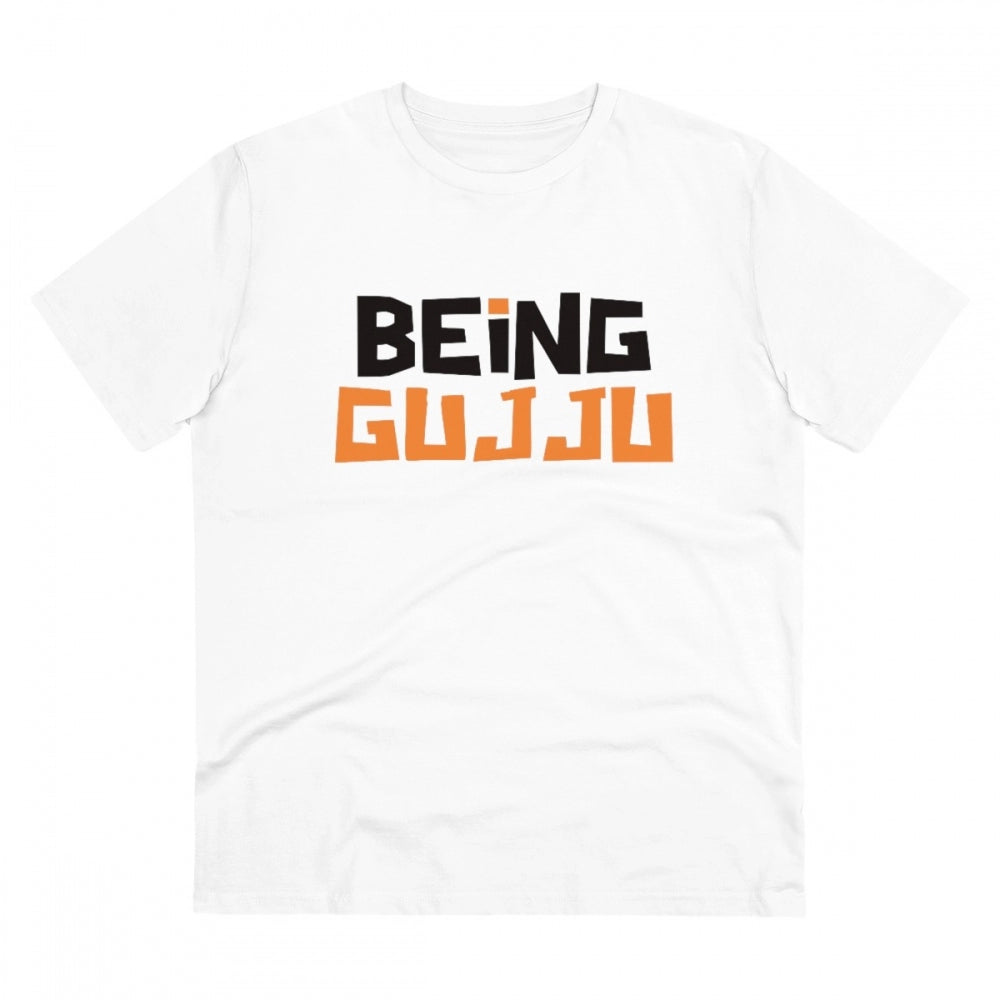 White PC Cotton Being Gujju Printed Men's T-Shirt (180GSM), half sleeve round neck, casual wear