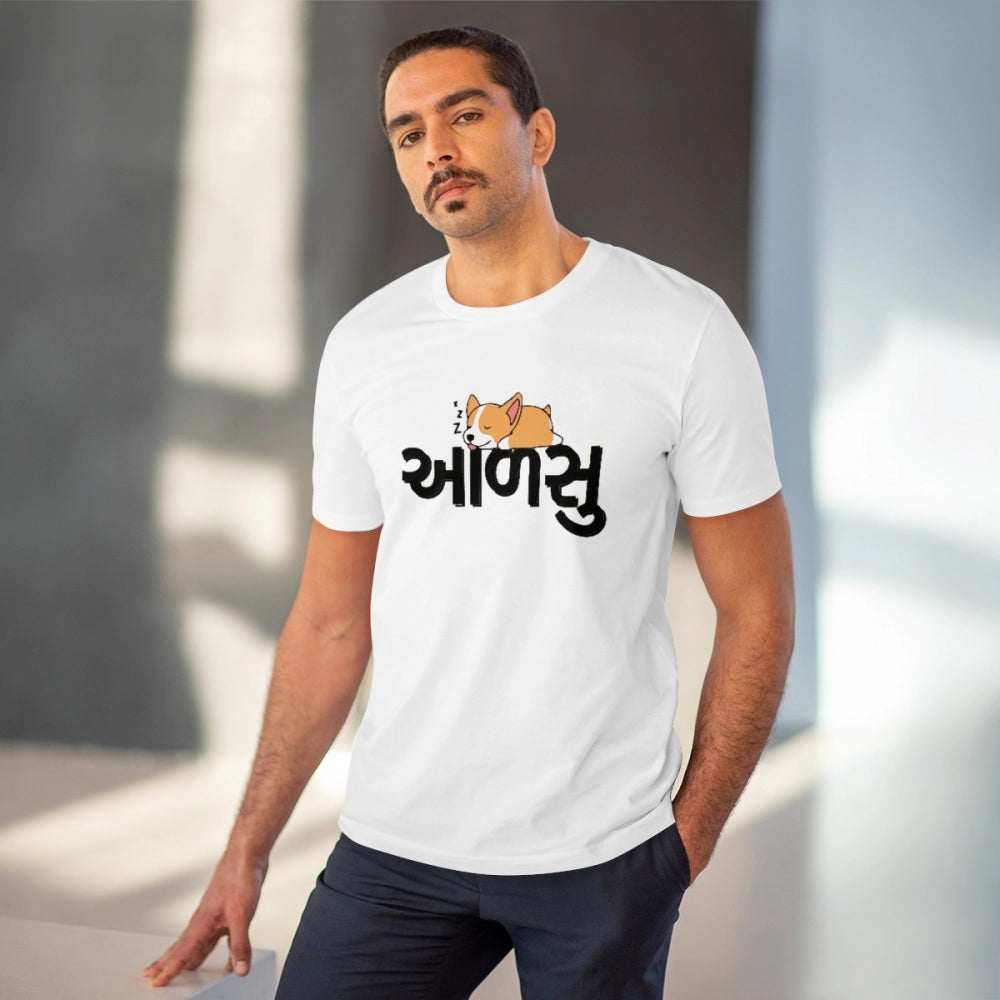 White PC Cotton Aadsu Printed Men's T-Shirt, half sleeve, round neck, 180GSM thread count - casual occasion