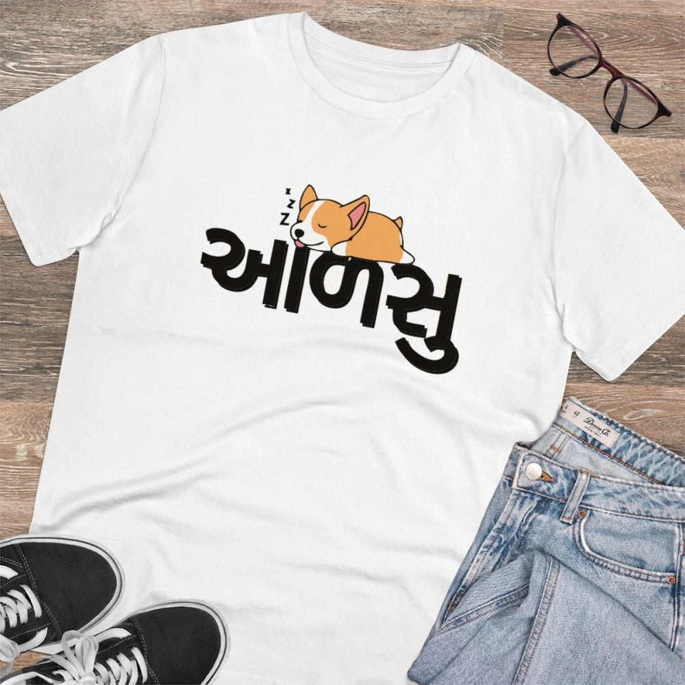 White PC Cotton Aadsu Printed Men's Half-Sleeve T-Shirt (180GSM), casual wear on mannequin