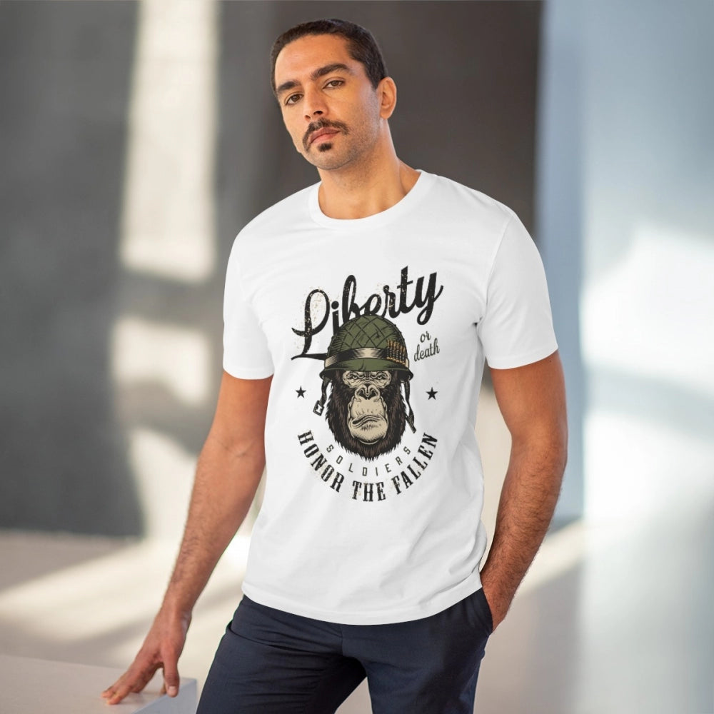 White PC Cotton Gorilla Design Half Sleeve T-Shirt for Men, casual occasion